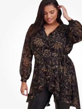 Torrid Top 0 Black Gold Floral Print High Low Hem Tie Front Wrap Shirt Blouse